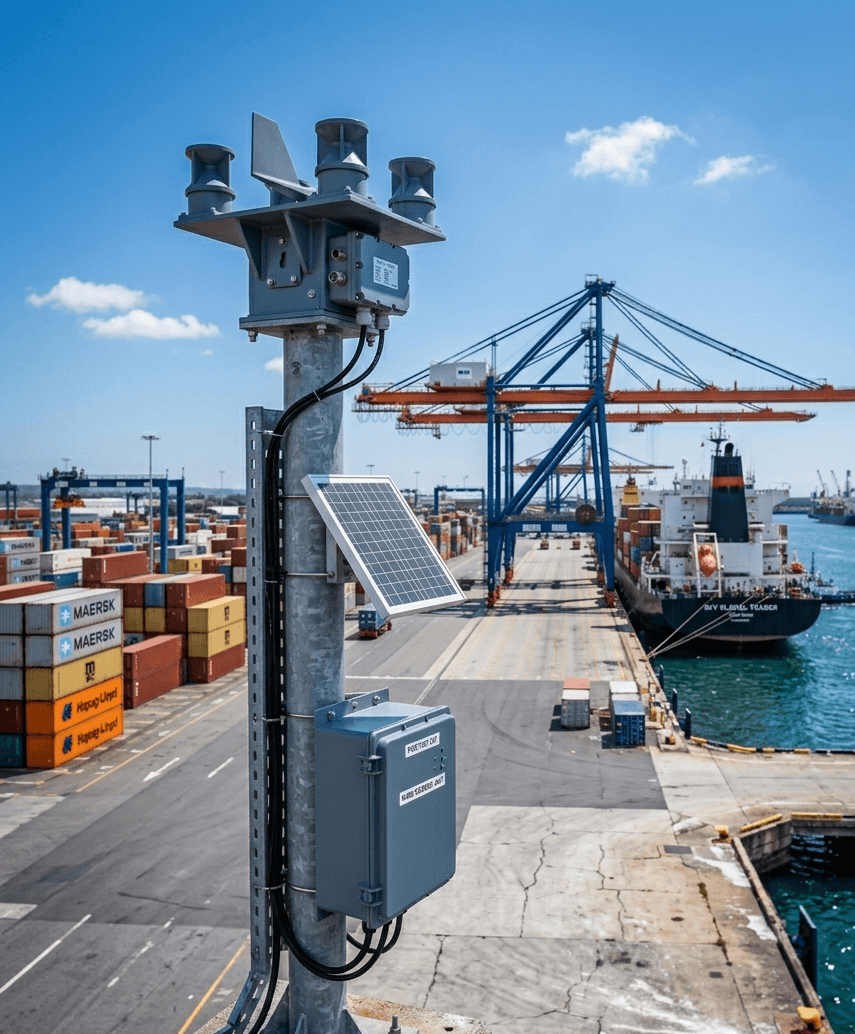 Marine-grade ultrasonic wind sensor installed at a commercial port terminal