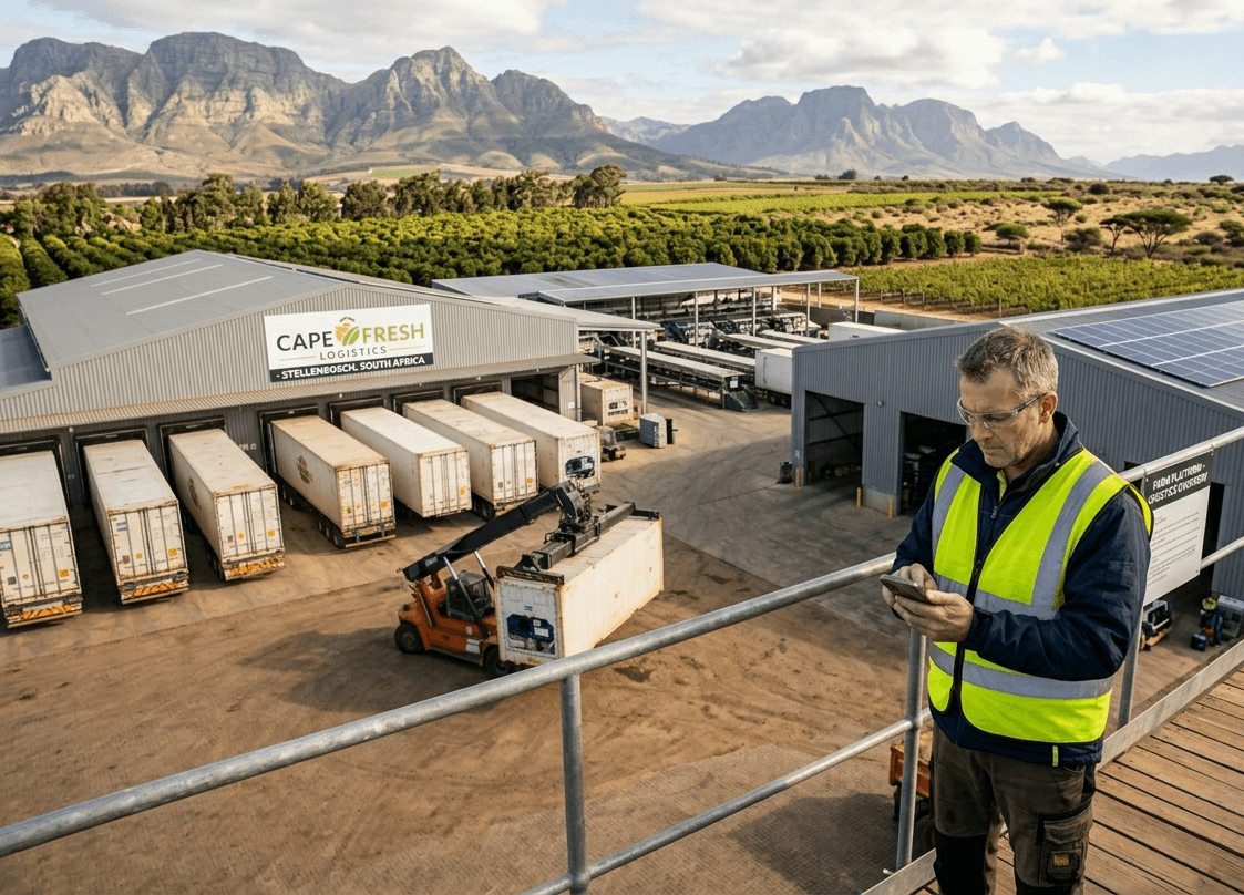 Logistics manager reviewing an SMS wind alert at an industrial operations site